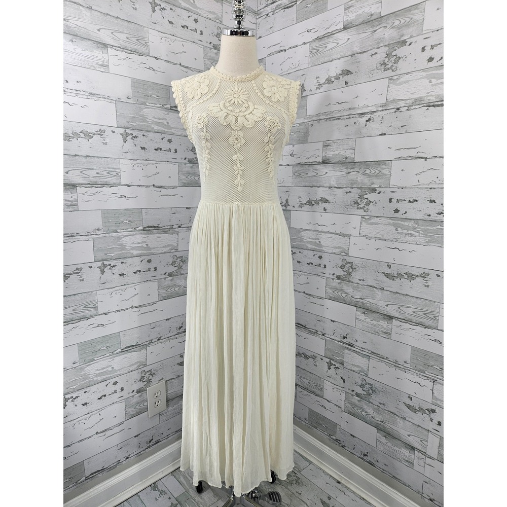 Zara Womens Crochet Lace Floral Maxi Dress Cream Sleeveless Boho Wedding Small